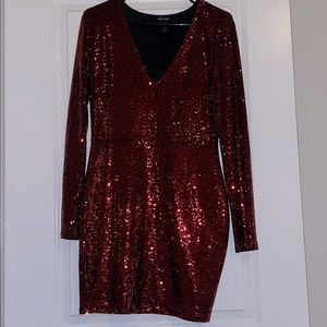 Dark red sequined long sleeve dress